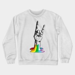 Hand making metal rock gesture coming out of rainbow Crewneck Sweatshirt